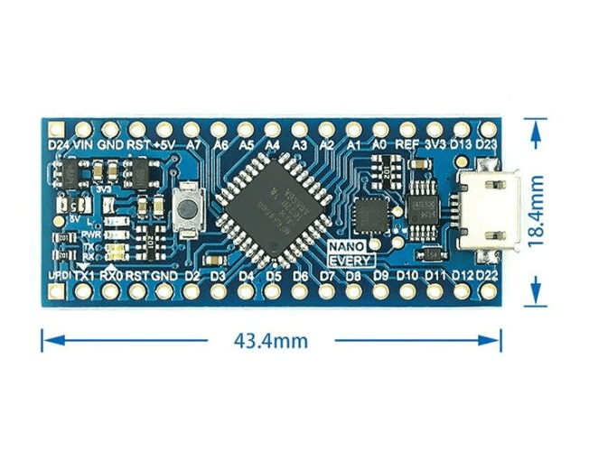 Arduino Nano Every ATmega4808 – Tarjeta de Desarrollo Dimensiones de Arduino Nano Every ATmega4808 tarjeta de desarrollo compacta