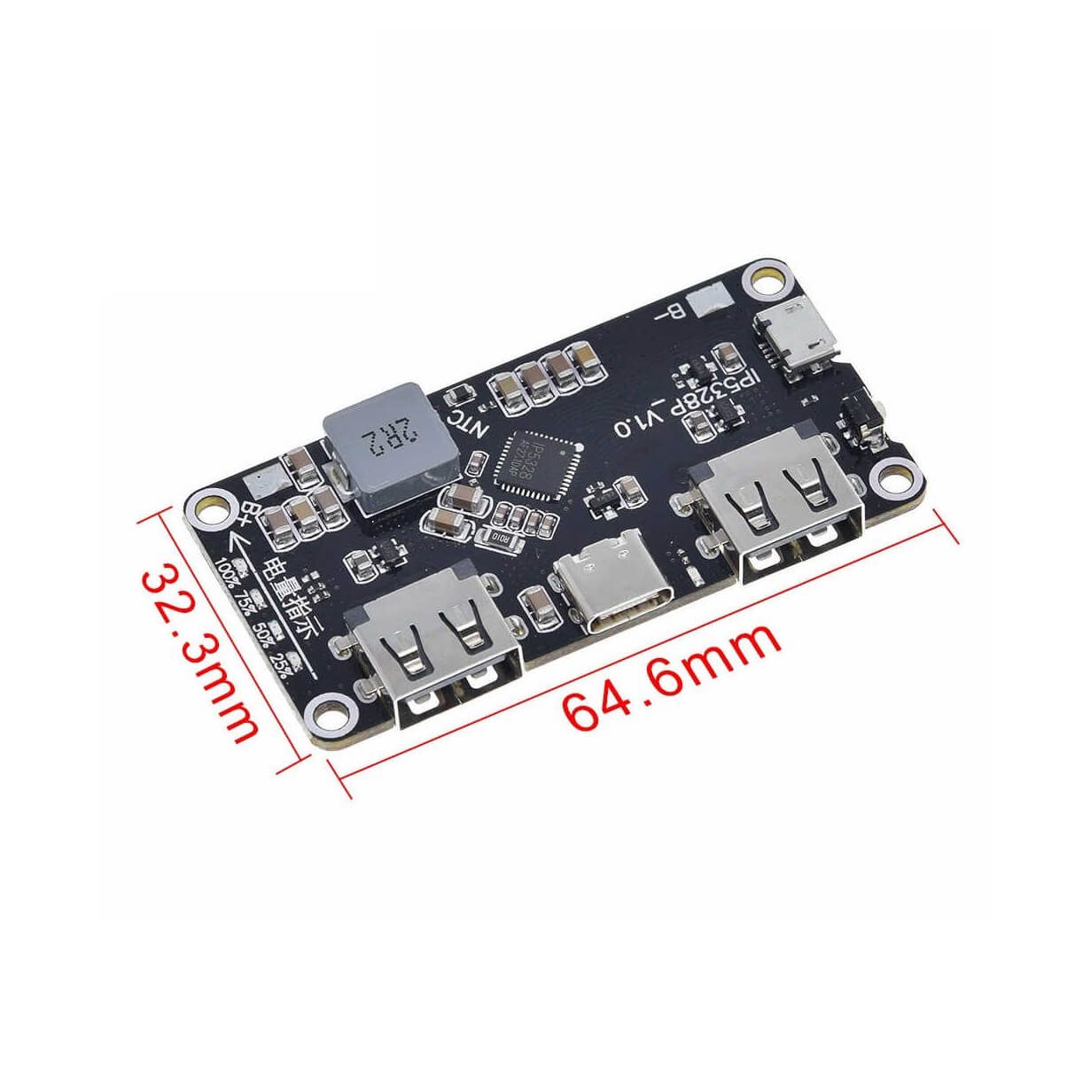 Cargador Rápido Dual USB con Chip IP5328P – QC 3.0 / QC 2.0 Dimensiones de Cargador Rápido Dual USB IP5328P compatible con QC 3.0 y QC 2.0