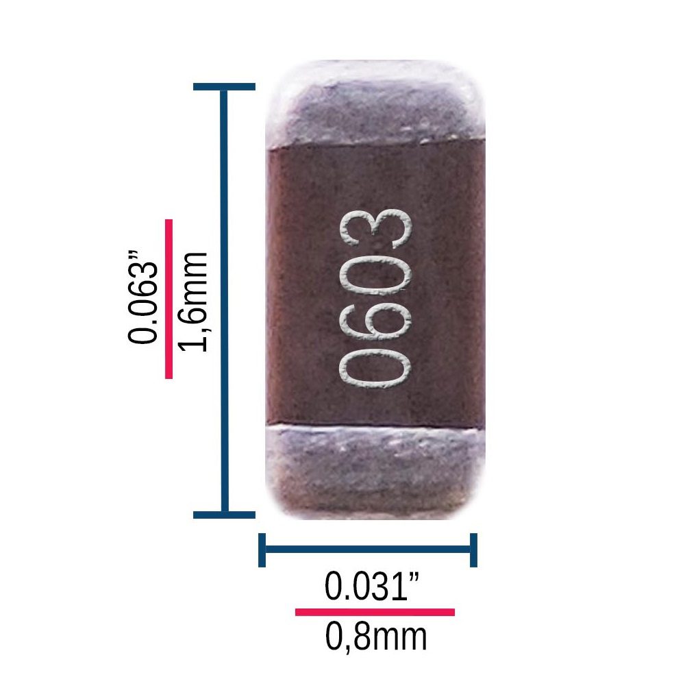 Condensador Cerámico MLCC SMD 0603 1uF 6.3V Paquete x10 Dimensiones de Condensador Cerámico MLCC SMD 0603 1uF 6.3V para desacople en PCB