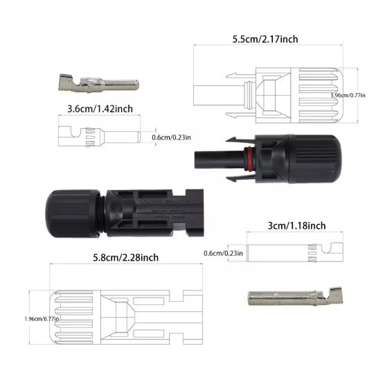 Conector MC4 en Y (Macho + Hembra) para Panel Solar 4 en 1 – Cable Solar Splitter Dimensiones de Conector MC4 en Y 4 en 1 macho y hembra para conexión de paneles solares en paralelo