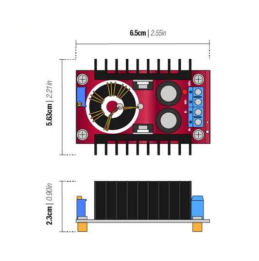 Convertidor DC-DC Boost 150W 6A Regulable | 10–32V a 12–35V Step-Up Dimensiones de Convertidor DC-DC Boost 150W 6A Regulable