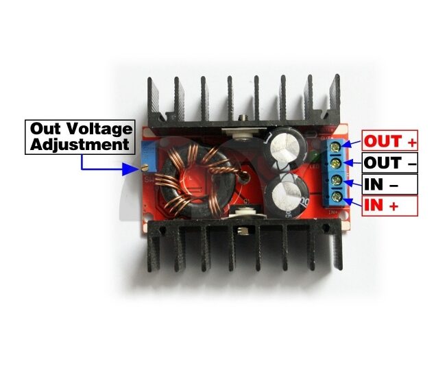 Convertidor DC-DC Boost 150W 6A Regulable | 10–32V a 12–35V Step-Up Pinout de Convertidor DC-DC Boost 150W 6A Regulable