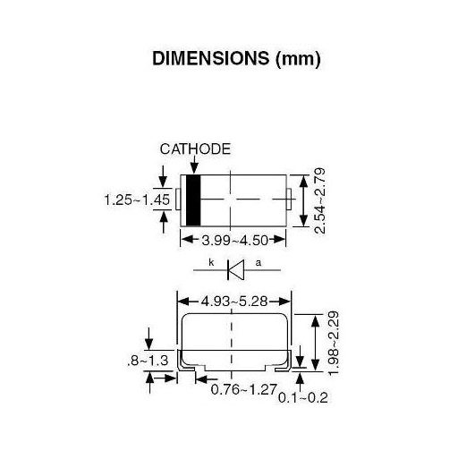 Diodo Zener SMD SMAZ – Varios Valores Disponibles (5 V a 15 V) Dimensiones de Diodo Zener SMD SMAZ – Varios Valores Disponibles (5V a 15 V) para regulación de voltaje