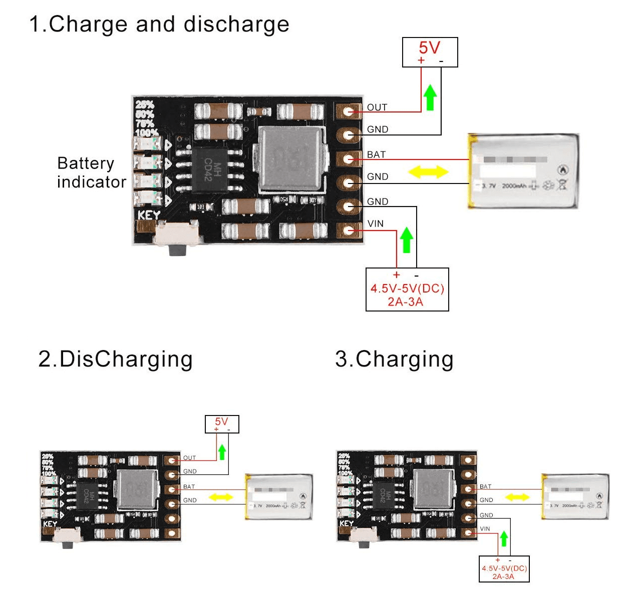 Modulo Controlador de Carga MH-CD42 1S para Baterías Li-Ion y Li-Po Conexion de Modulo Controlador de Carga MH-CD42 1S