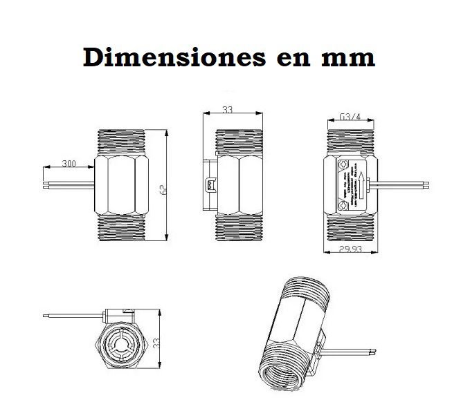 Switch Sensor de Flujo de Agua YF-C02 3/4" 1–50L/min para Calentador Automático Dimensiones de Sensor de Flujo de Agua YF-C02 de 3/4 pulgadas para medición de 1 a 50 L/min