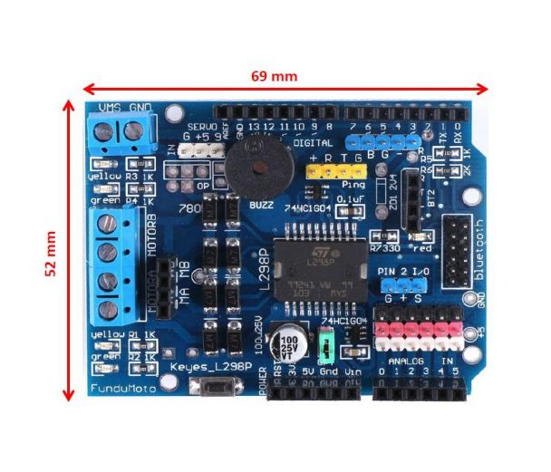 Shield Puente H L298P para Arduino - AR4844 | Controlador Dual de Motores DC y Paso a Paso Dimensiones de Shield Puente H L298P para Arduino controlador dual de motores DC y paso a paso