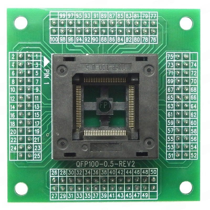 Socket QFP100 0.5 mm Rev2 – Zócalo para Circuitos Integrados Socket QFP100 0.5 mm Rev2 para prueba y programación de circuitos integrados QFP