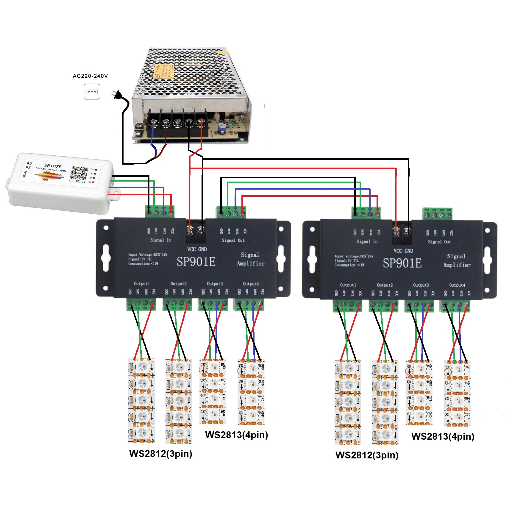 SP901E Amplificador SPI 4/8 Canales para LED WS2812B SP901E amplificador SPI WS2812B módulo de 4/8 canales