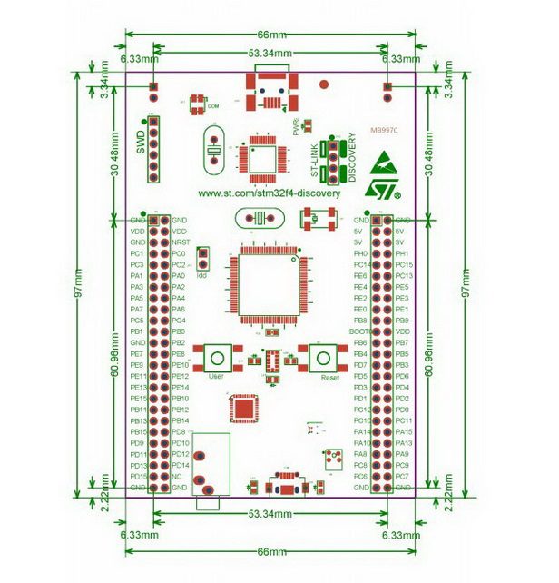 Tarjeta de Desarrollo STM32F407G-DISC1 Discovery ARM Cortex-M4 Dimensiones de Tarjeta de Desarrollo STM32F407G-DISC1 Discovery ARM Cortex-M4 para proyectos embebidos