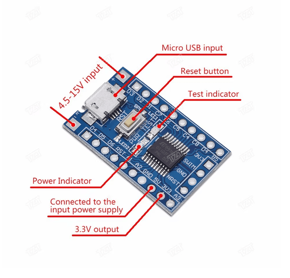 Tarjeta de desarrollo STM8S103F3P6 / STM8 16MHz Pinout de Tarjeta de desarrollo STM8S103F3P6
