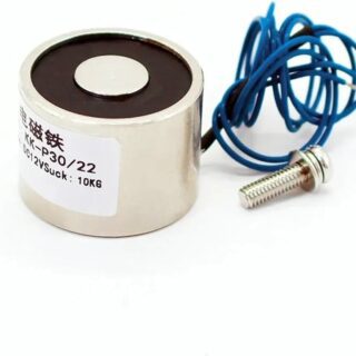 mini electroimán solenoide mostrando su estructura metálica con núcleo móvil, ideal para aplicaciones de automatización y control mecánico.