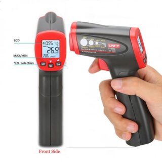 dispositivo portátil con puntero láser utilizado para medir temperatura sin contacto en aplicaciones industriales, eléctricas y domésticas.