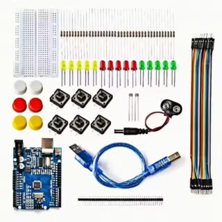 Kit mini de inicio Arduino Uno R3 con placa, protoboard, LEDs, resistencias, botones y cables jumper