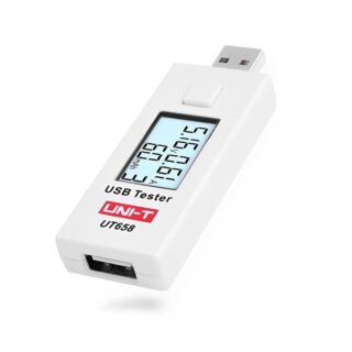 medidor USB UNI-T UT658 mostrando su pantalla digital con lecturas de voltaje y corriente, ideal para pruebas y diagnóstico de dispositivos electrónicos.