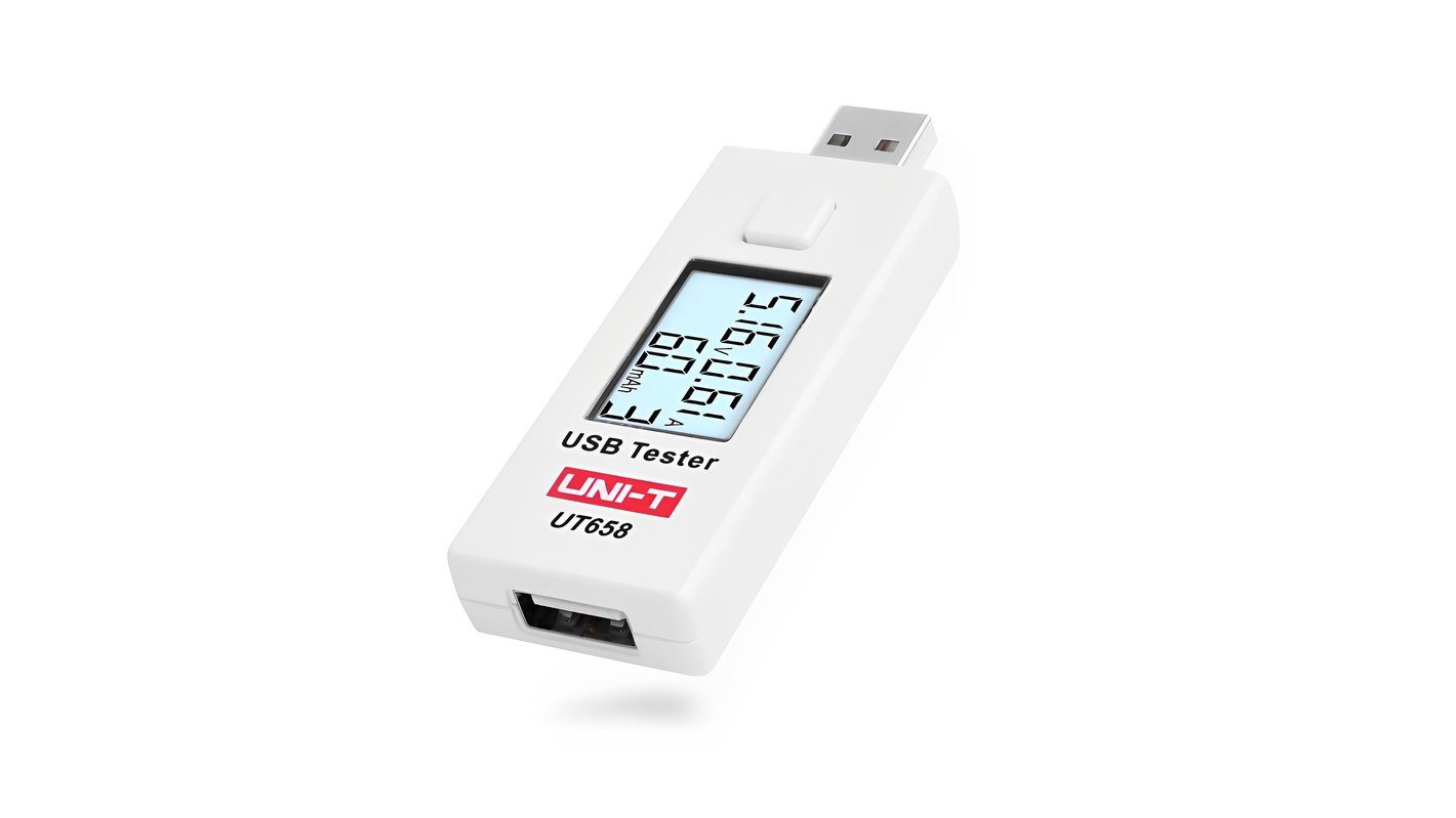 Medidor de Voltaje y Corriente USB UNI-T UT658 medidor USB UNI-T UT658 mostrando su pantalla digital con lecturas de voltaje y corriente, ideal para pruebas y diagnóstico de dispositivos electrónicos.