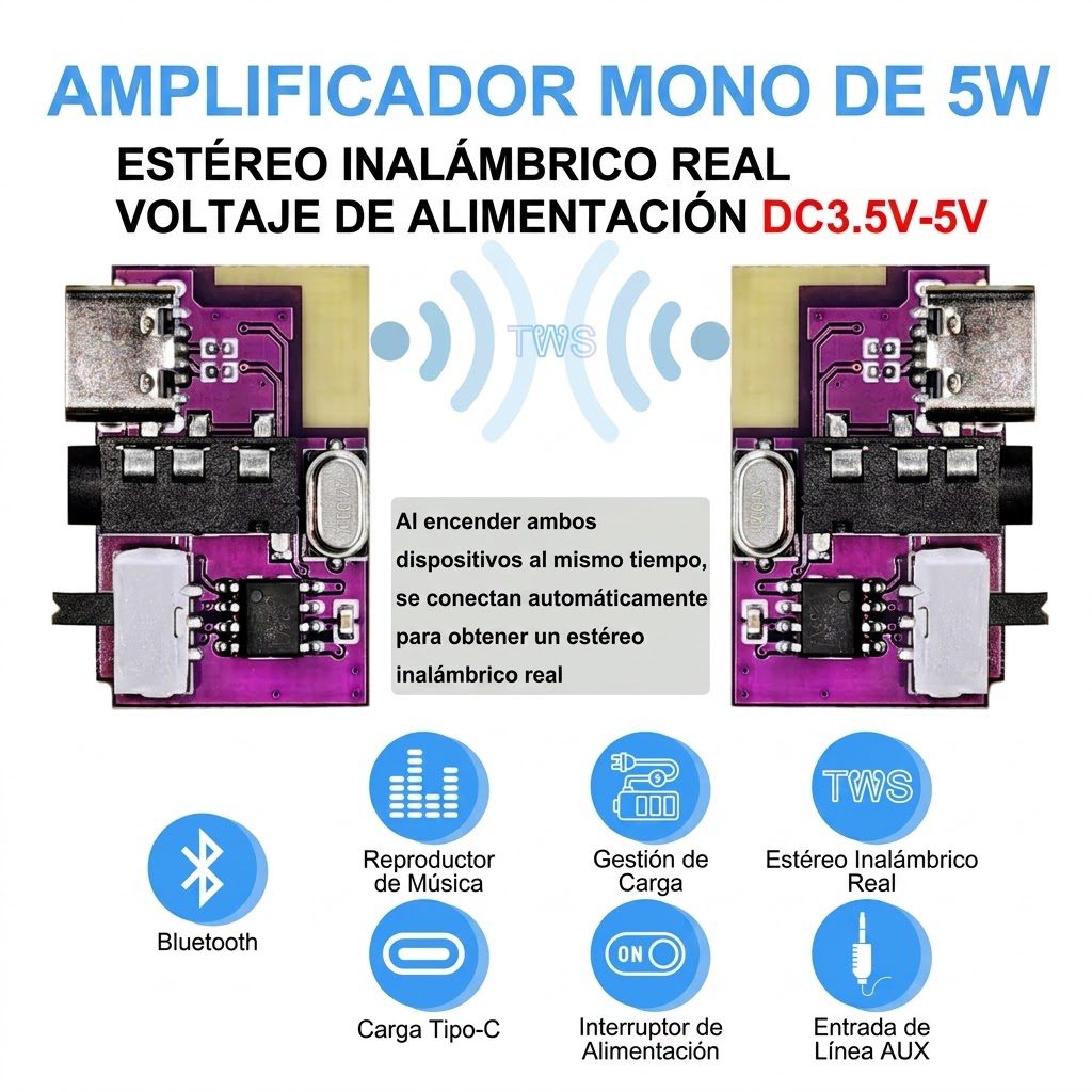 Módulo Receptor Audio Bluetooth 5.4 Mono 5W + TWS + Salida AUX 3.5mm Módulo Receptor Audio Bluetooth 5.4 Mono 5W + TWS + Salida AUX 3.5mm - Imagen 3