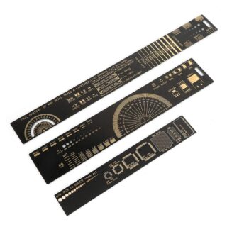 Regla PCB de 250 mm fabricada en FR4 con referencias para encapsulados SMD, circuitos integrados y medición de placas electrónicas.