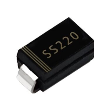 Diodo rectificador Schottky SS220 de 200V y 2A en encapsulado SMA para fuentes conmutadas, convertidores DC-DC y protección electrónica.