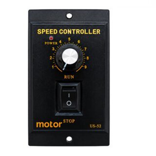 Controlador de velocidad US-52 para motores AC monofásicos de 220V con ajuste continuo de velocidad, avance, reversa e interruptor integrado.