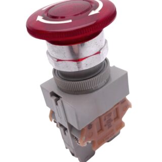 Interruptor de parada de emergencia tipo seta de 22 mm con luz piloto LED, capacidad de 10A y 600V para paneles de control industrial.