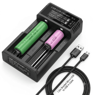 Cargador inteligente USB con pantalla LCD para baterías recargables 18650 de litio y baterías AA AAA Ni-MH con una o dos ranuras independientes.