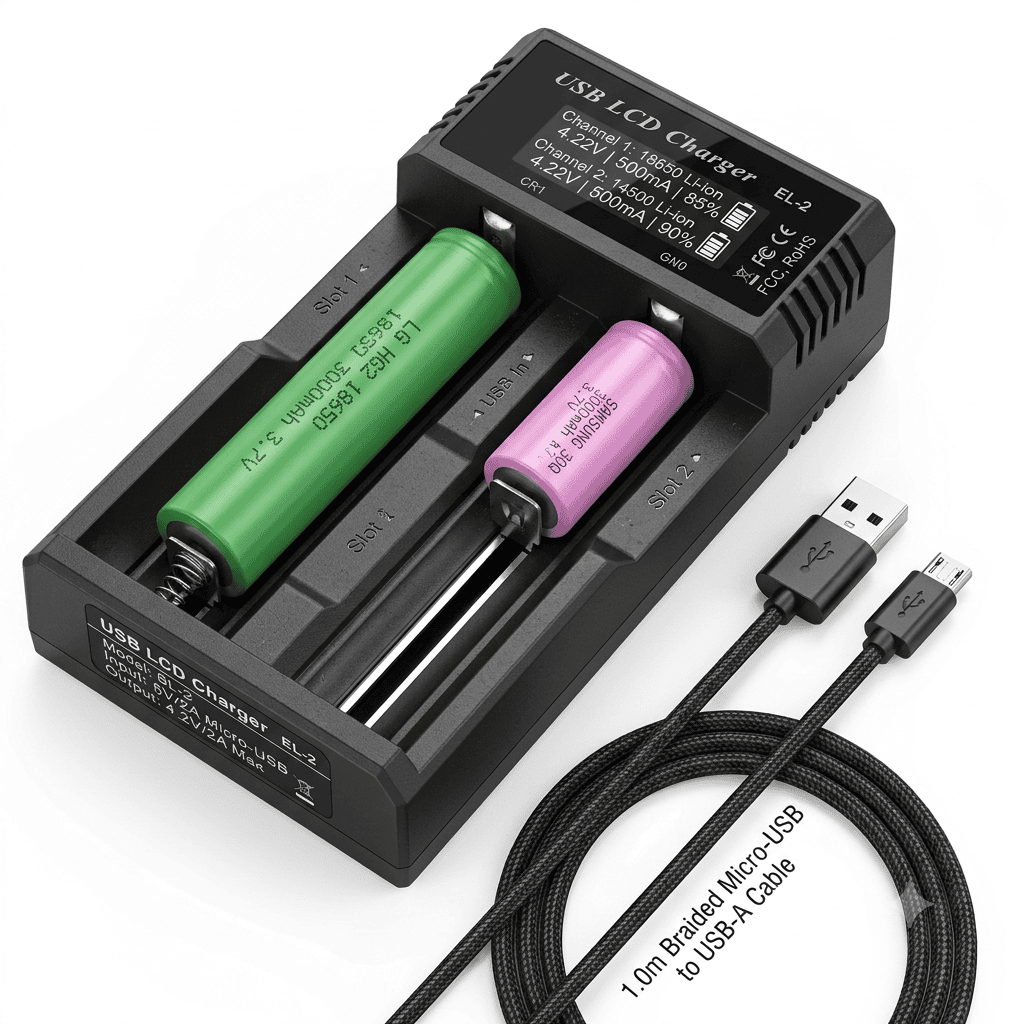 Cargador Inteligente de Baterías LCD USB para 18650 y AA/AAA Cargador inteligente USB con pantalla LCD para baterías recargables 18650 de litio y baterías AA AAA Ni-MH con una o dos ranuras independientes.