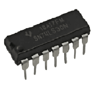 Circuito integrado 74LS30 con una compuerta NAND de 8 entradas en encapsulado DIP-14 para aplicaciones de lógica digital TTL.
