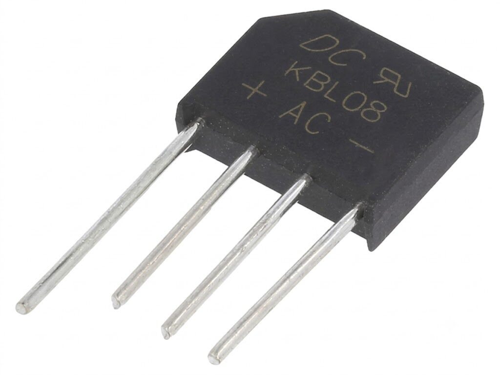 Puente Rectificador KBL08 4A 800V Puente rectificador KBL08 de 4 A y 800 V en encapsulado KBL para conversión de corriente alterna a corriente continua.