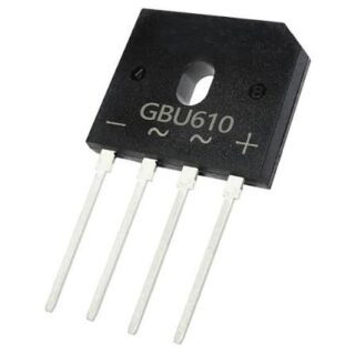 Puente rectificador GBU610 de 6A y 1000V para conversión de corriente AC a DC en encapsulado GBU.