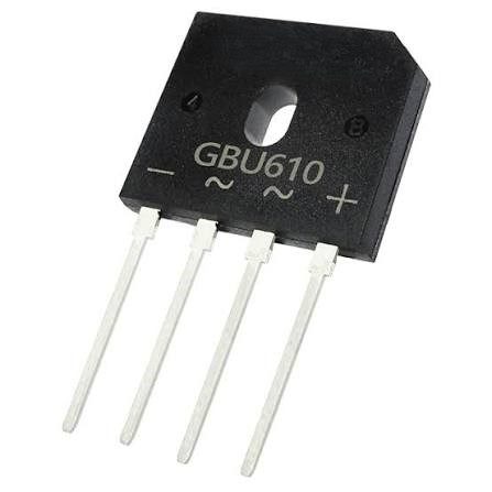 Puente Rectificador GBU610 6A 1000V DIP-4 Puente rectificador GBU610 de 6A y 1000V para conversión de corriente AC a DC en encapsulado GBU.