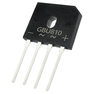 Puente rectificador GBU810 de 8 A y 1000 V en encapsulado GBU para fuentes de alimentación, cargadores e inversores.