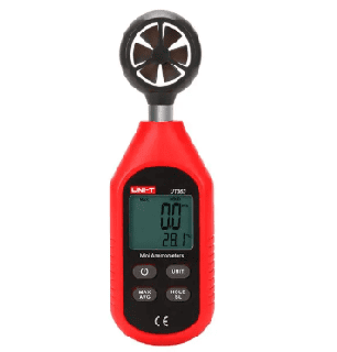 Anemómetro digital UNI-T UT363 para medir velocidad del viento y temperatura ambiente con pantalla LCD retroiluminada.
