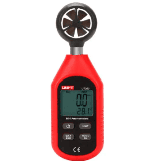 Anemómetro digital UNI-T UT363 para medir velocidad del viento y temperatura ambiente con pantalla LCD retroiluminada.