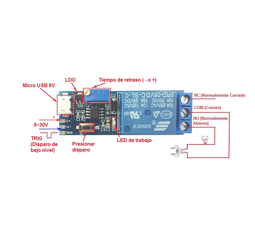 Temporizador con Relé 0 a 24 Segundos Micro USB rele temporizador 5v