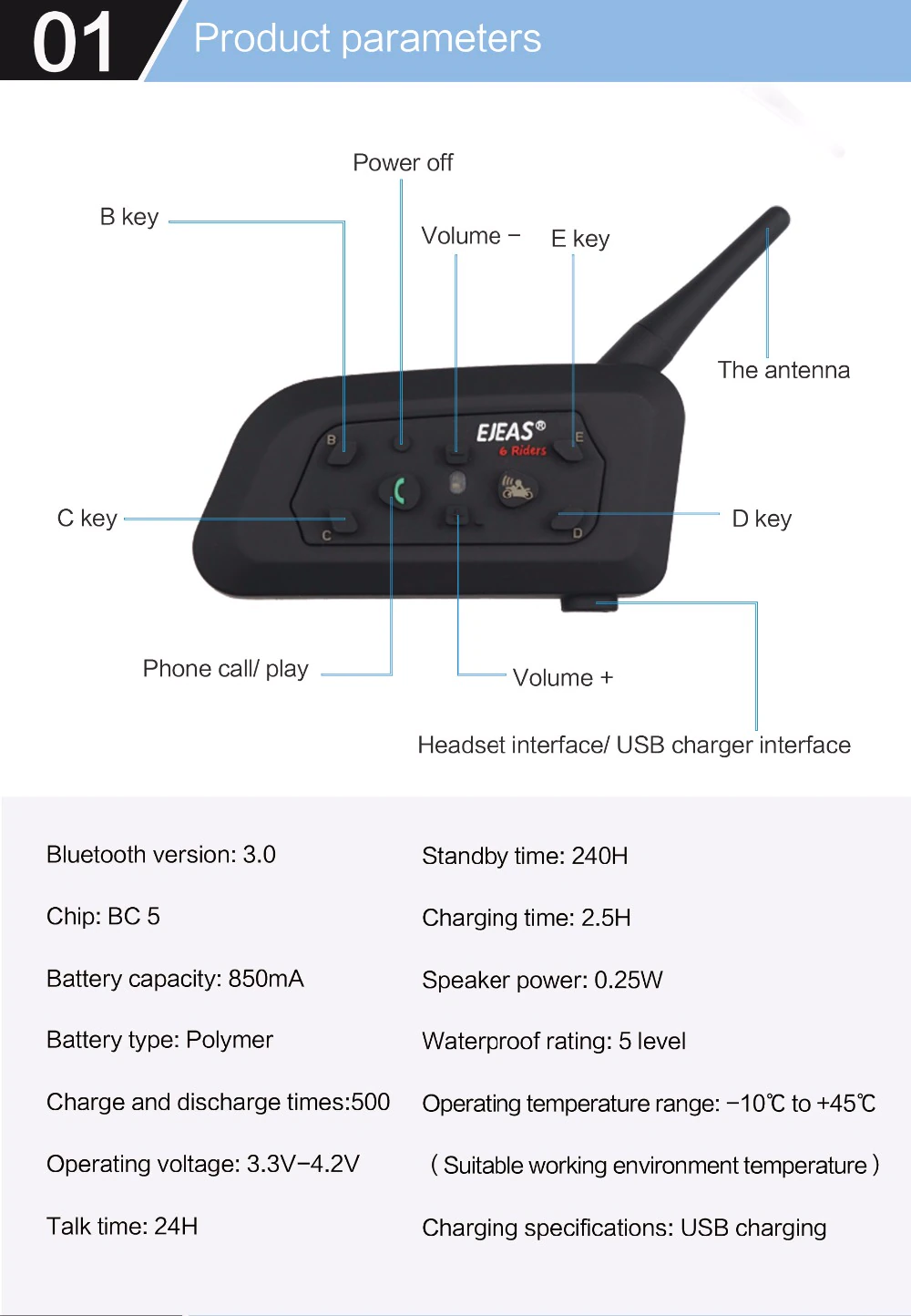 Auriculares intercomunicador EJEAS V6 PRO Bluetooth para