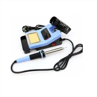 La estación de soldadura de 48W mostrando el cautín, base y control de temperatura, ideal para trabajos de electrónica, reparación y ensamblaje de circuitos.