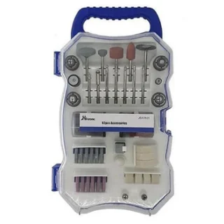 un conjunto completo de accesorios organizados en estuche para realizar múltiples tareas con herramientas rotativas en trabajos de precisión y bricolaje.