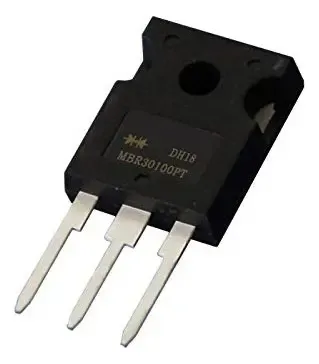 Diodo rectificador Schottky MBR30100PT de 100V y 30A con cátodo común para fuentes conmutadas, convertidores DC-DC e inversores.