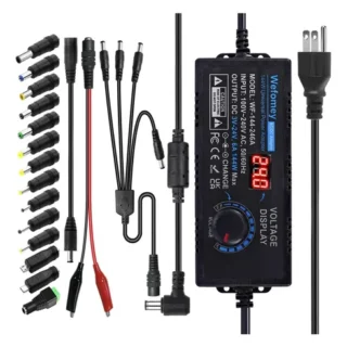 Fuente de alimentación universal Wefomey ajustable de 3V a 24V, 6A y 144W con pantalla LCD, puntas intercambiables y protecciones electrónicas.