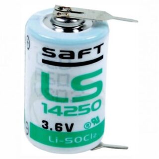 Batería de litio LS14250 TL-5902 de 3.6V formato 1/2AA con pines para PLC, CNC, sistemas de alarma y respaldo de memoria.