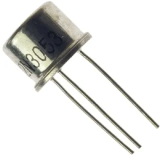 Transistor NPN 2N3053 de alta frecuencia en encapsulado metálico TO-39 para amplificación y conmutación.
