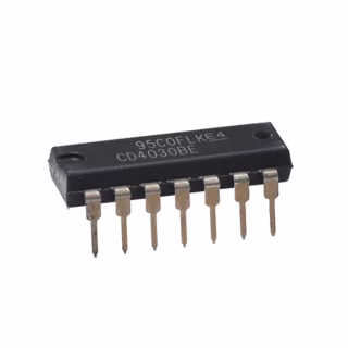 Circuito integrado CD4030 con cuatro compuertas XOR de dos entradas en encapsulado DIP-14.