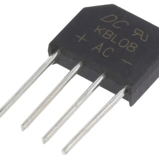 Puente rectificador KBL08 de 4 A y 800 V en encapsulado KBL para conversión de corriente alterna a corriente continua.