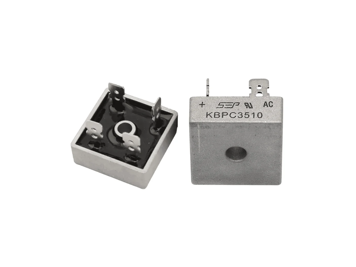 Puente Rectificador KBPC3510 35A 1000V Puente rectificador KBPC3510 de 35A y 1000V con cuatro terminales para rectificación de corriente AC a DC.