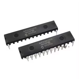 Microcontrolador dsPIC30F1010 de 16 bits con motor DSP y PWM para control digital de potencia en encapsulado DIP-28.