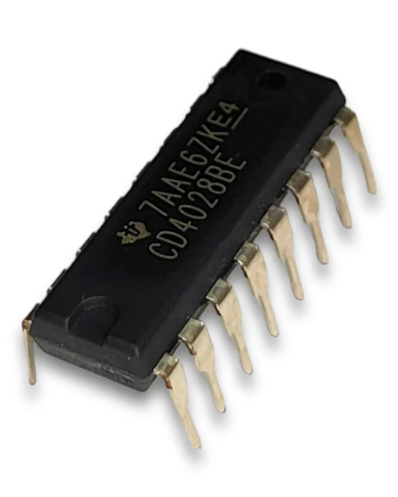 Decodificador BCD a Decimal CD4028 DIP-16 Circuito integrado CD4028B decodificador BCD a decimal de 4 entradas y 10 salidas en encapsulado DIP-16.