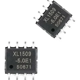 Circuito integrado XL1509-5.0E1 convertidor DC-DC Buck de 5 V y 2 A en encapsulado SOP-8 para fuentes de alimentación y reguladores de voltaje.