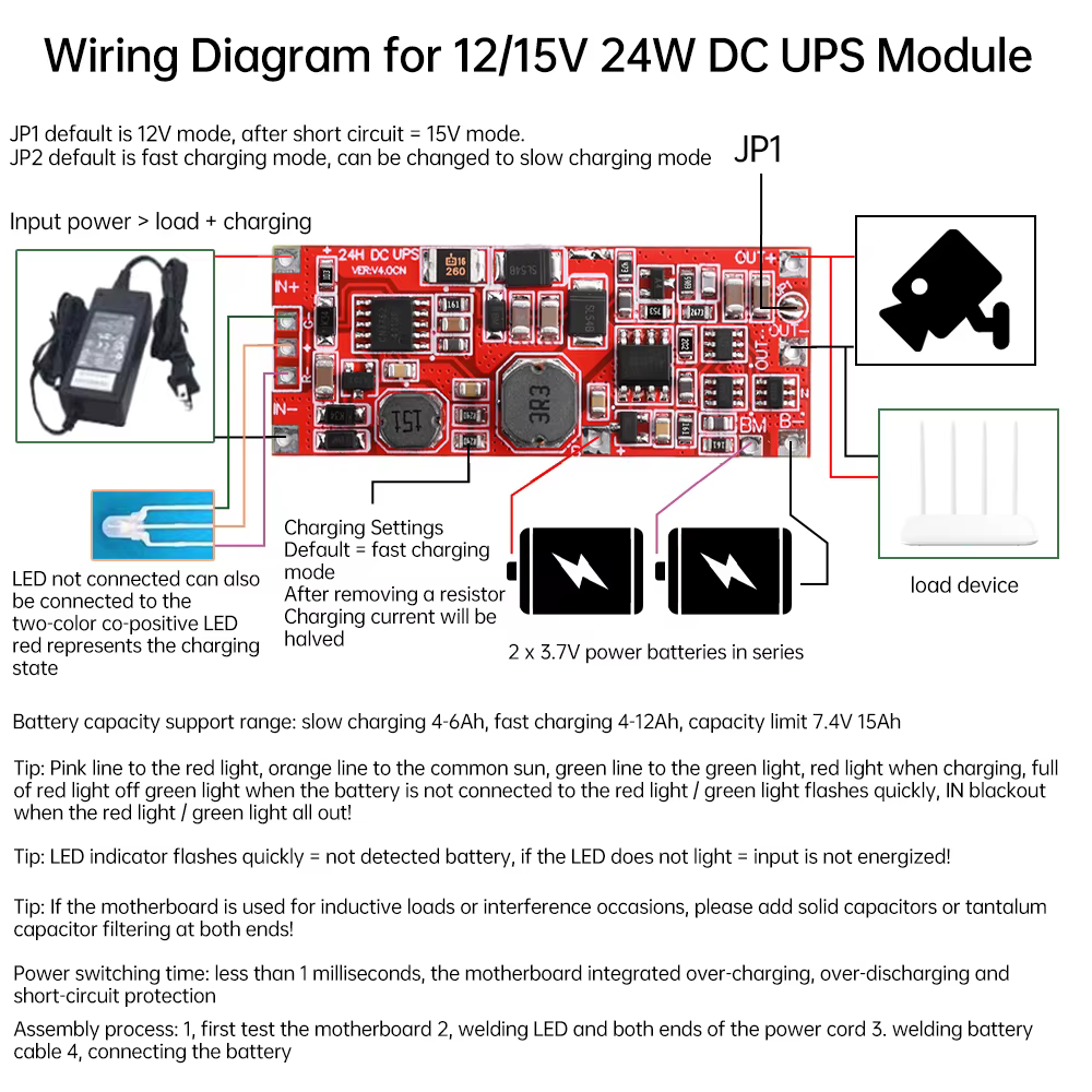 Módulo UPS DC 12V/15V 24W 1A 2S V4.0CN para Baterías de Litio Módulo UPS DC 12V/15V 24W 1A 2S V4.0CN para Baterías de Litio - Imagen 2